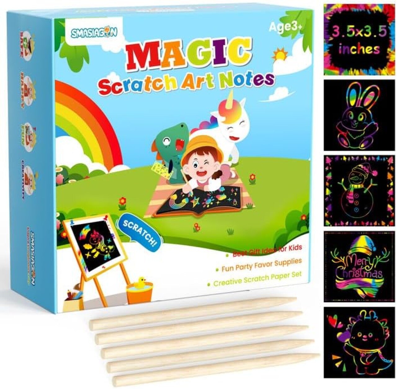 Rainbow Mini Scratch Art Notes for Kids – 125 Scratch Paper Cards with 5 Wooden Stylus – Arts & Crafts Party Favors, Easter Basket Stuffers, Birthday Gift for Girls & Boys (Rainbow) 3.5 x 3.5 x 1.5 inches